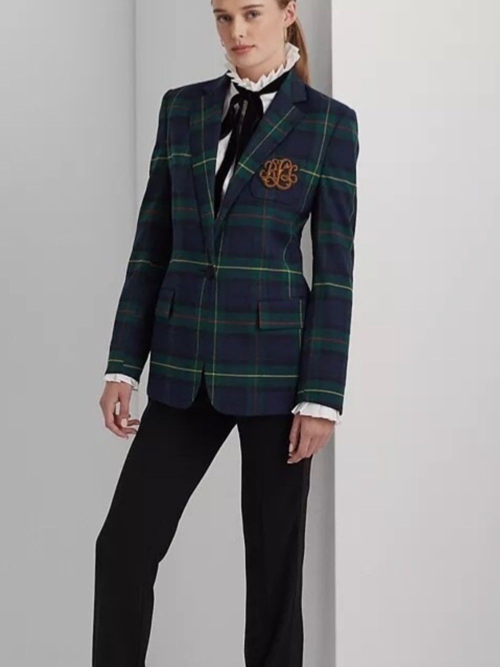 Lauren Ralph Lauren Navy & Green Plaid Tailored Blazer with Crest - Picture 4 of 17